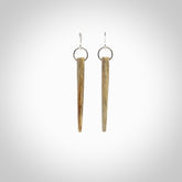 Hand carved whalebone drop earrings hand made by Kristal Thompson. One only large whale bone drop earrings. Real whale bone art to wear. Free Shipping worldwide. One pair only, delivered in a kete pouch.